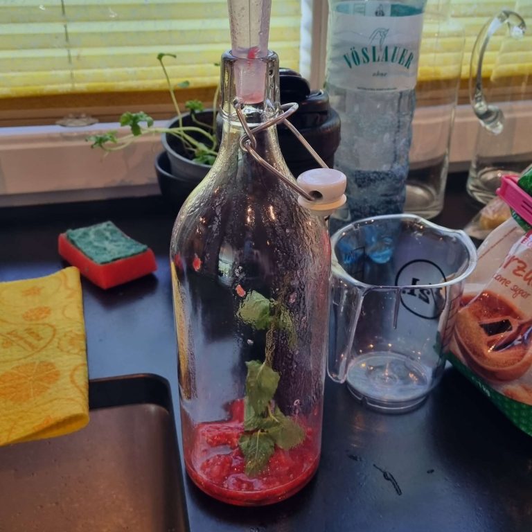 Pouring homemade kombucha from brewing jar into glass bottles for second ferment with raspberry mint